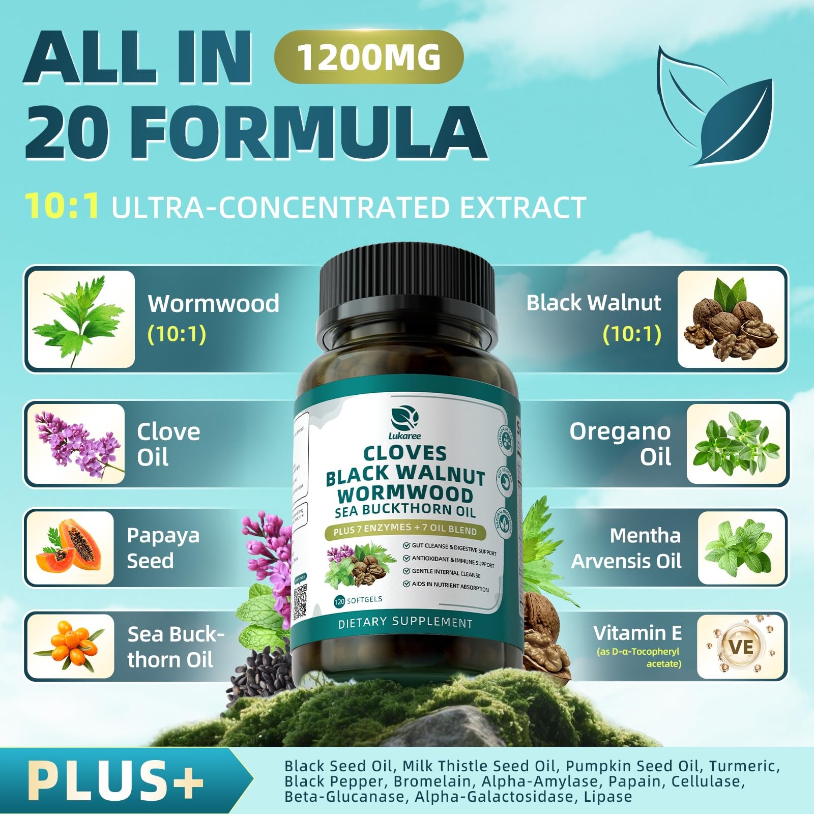 Lukaree Wormwood Black Walnut Clove Cleanse for Humans Softgels, 20-in-1 Extra S