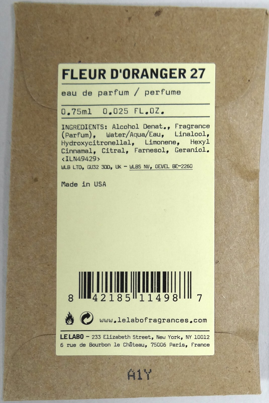 Fleur d Oranger 27 Parfum EDP Le Labo Mini Vial .025 oz Citrus Floral Fresh