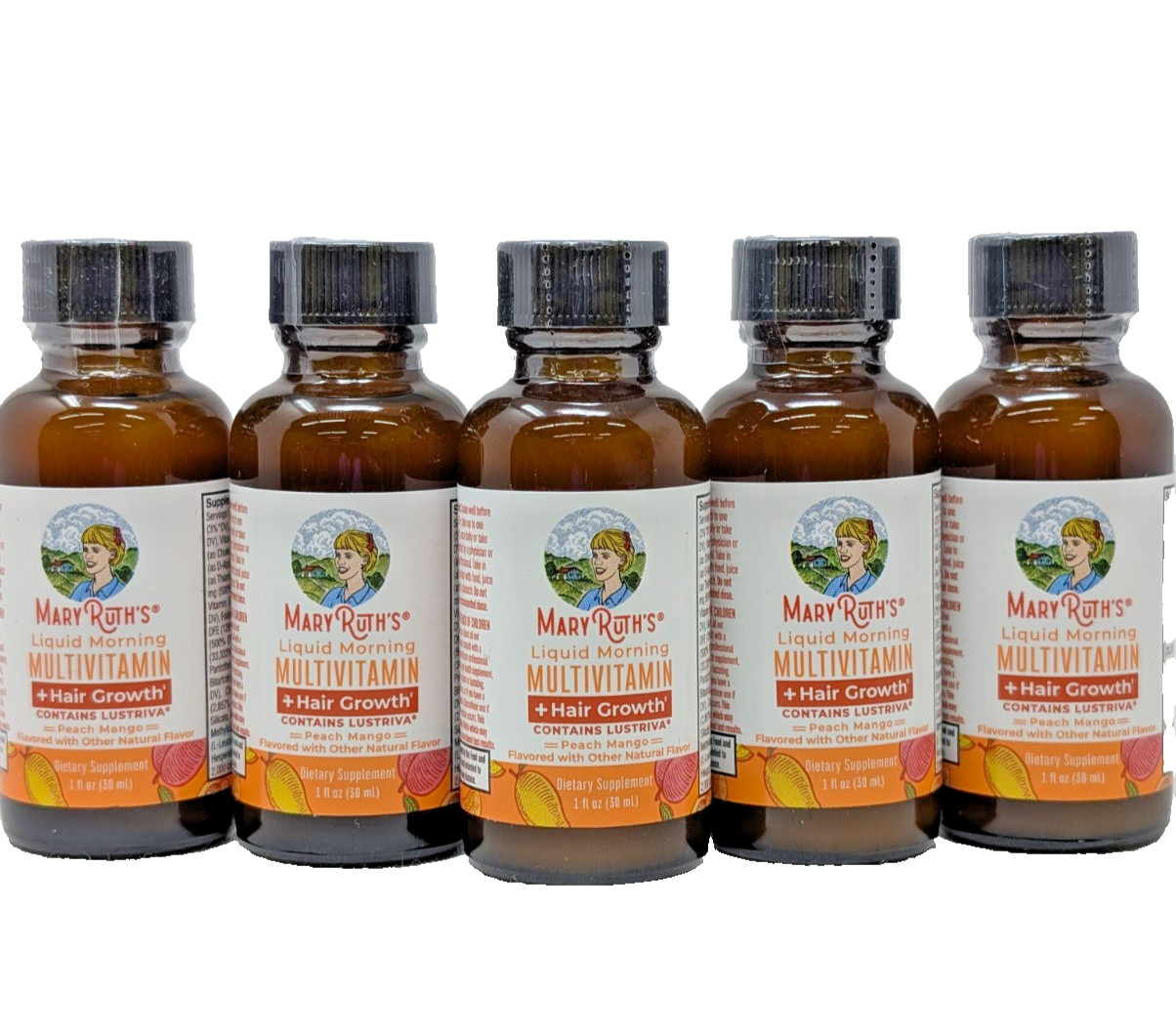 5Pack Mary Ruth’s Liquid Morning Multivitamin+Hair Growth – 1 fl oz/ Peach Mango