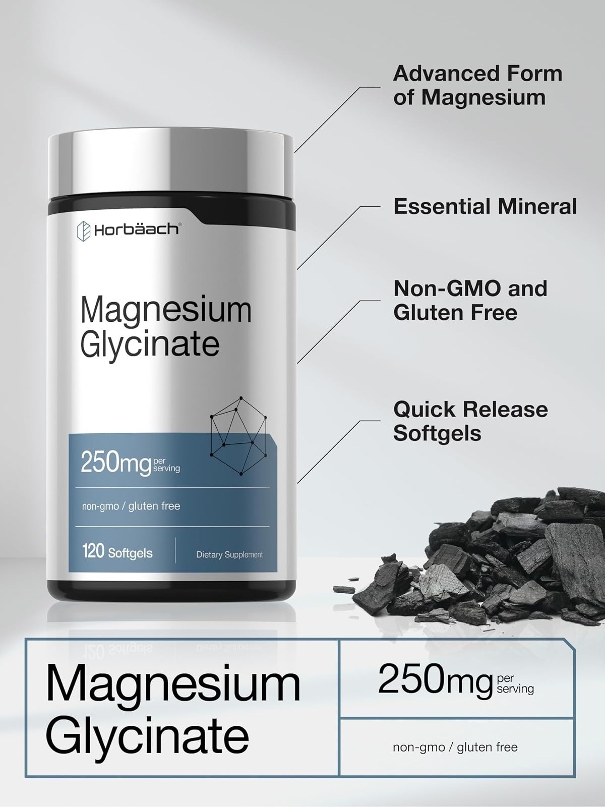 Horbäach Magnesium Glycinate 250mg 120 Softgels Non-GMO Gluten Free