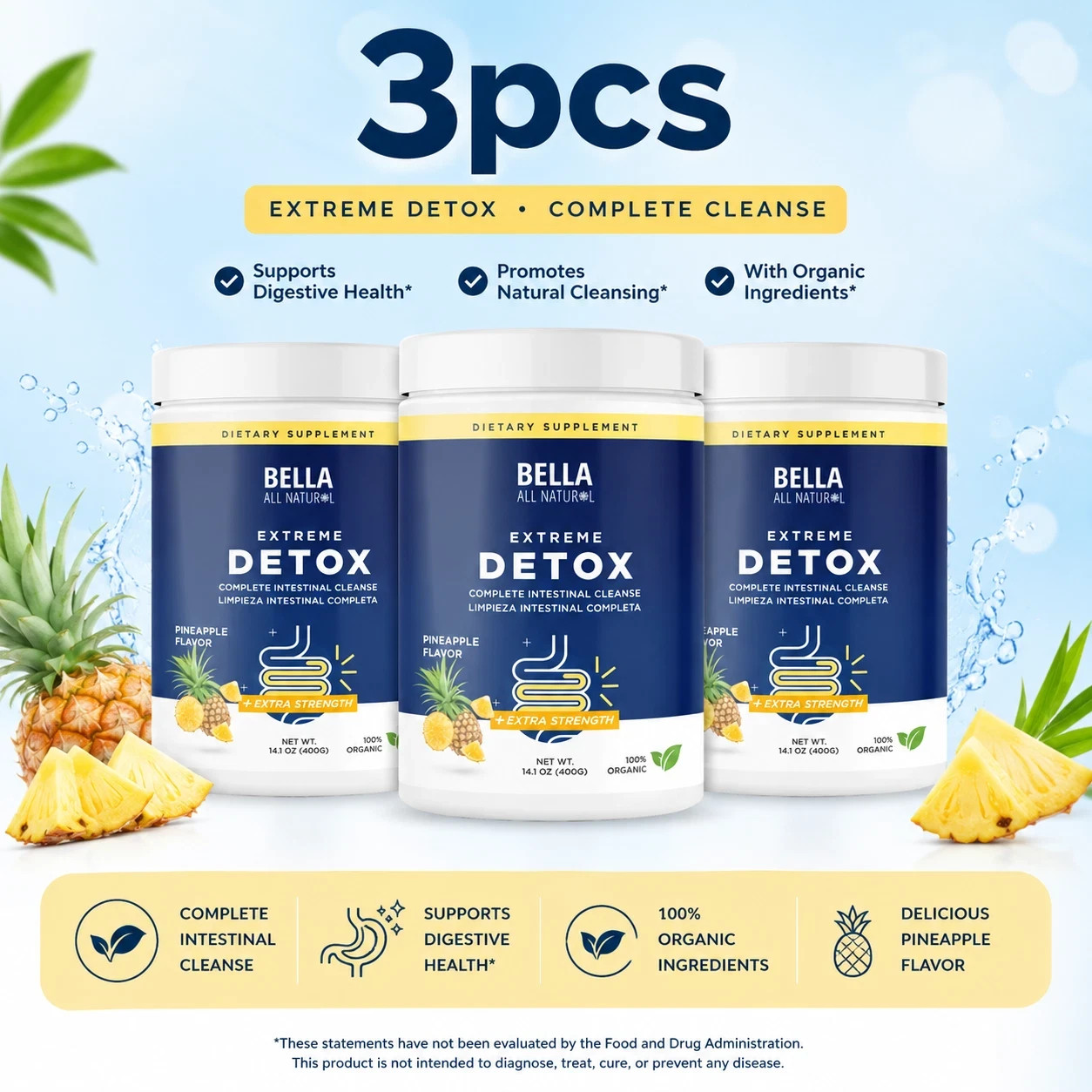 BELLA Extreme Detox 3 Bottles Pineapple Powder Organic Gut Colon Cleanse Digesti