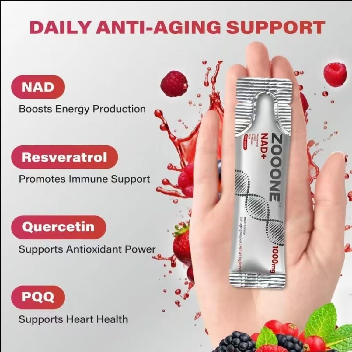 ZOOONE 1000mg NAD+ Berry Flavor Drink Mix for Skin Aging Support, Energy