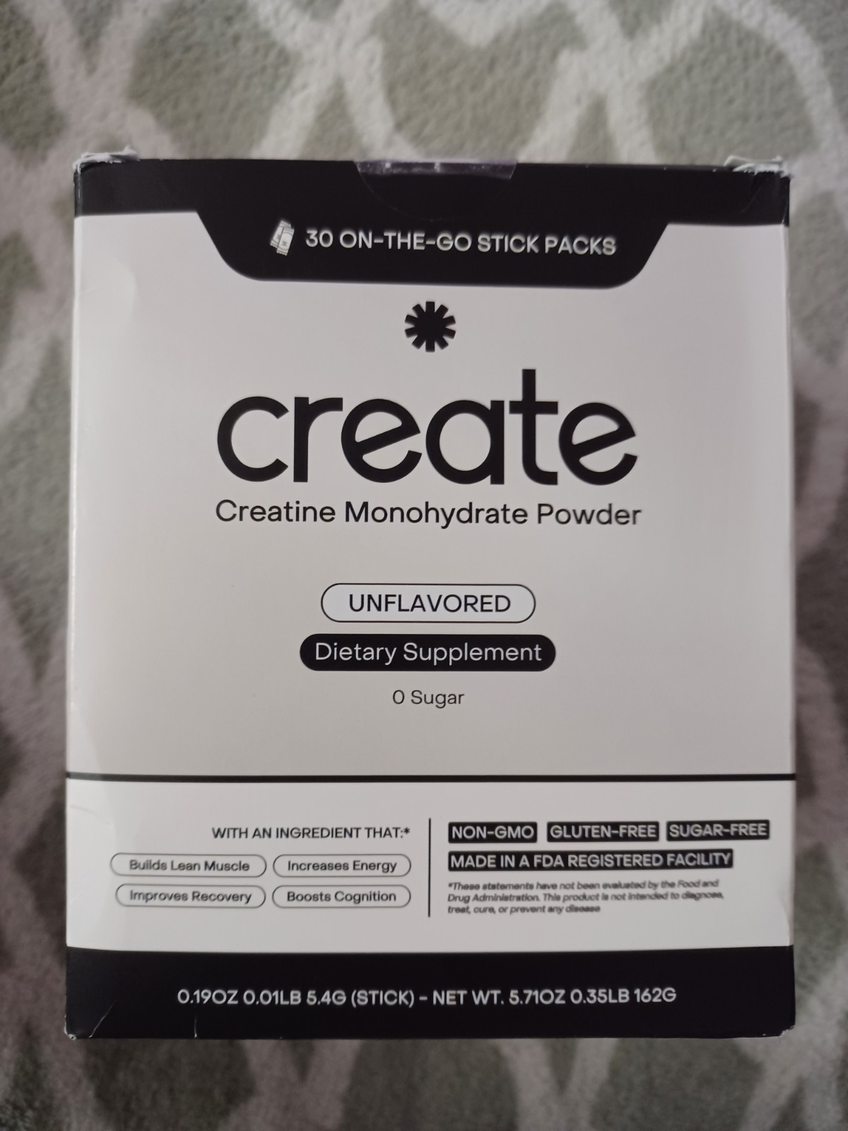 Create Single Serve Creatine Monohydrate Powder – 30 Pack, 5.4g ea. Exp. 08/27