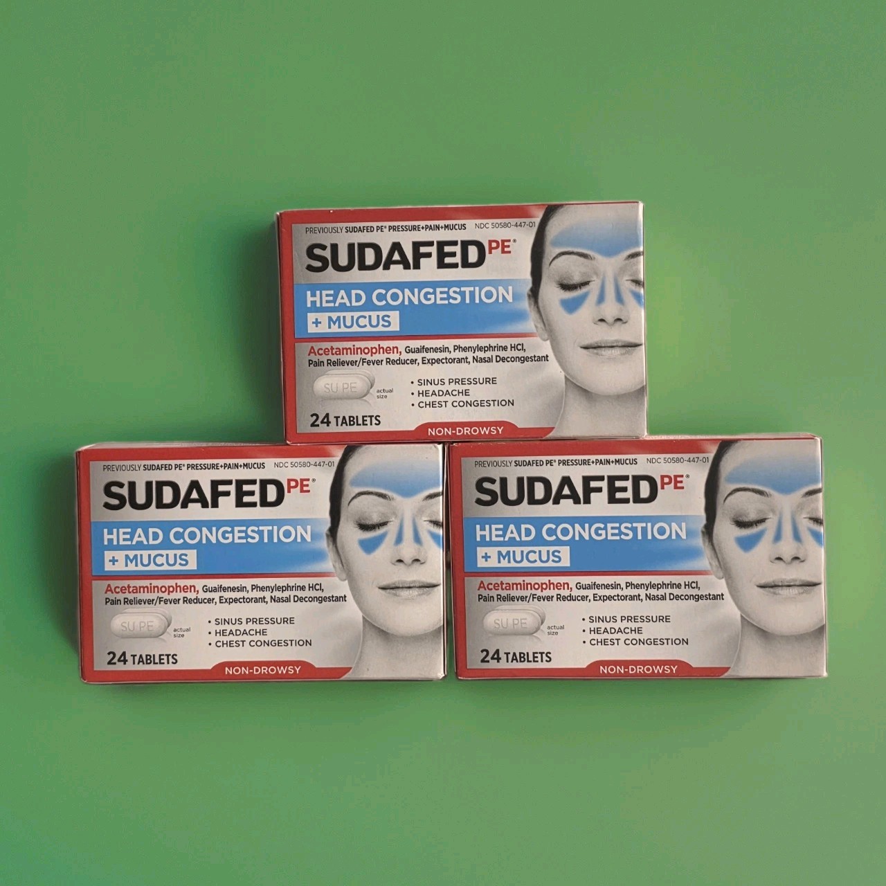 Sudafed PE Head Congestion+Mucus Non-Drowsy Relief 24 Tablets x3 Exp 09/2027+