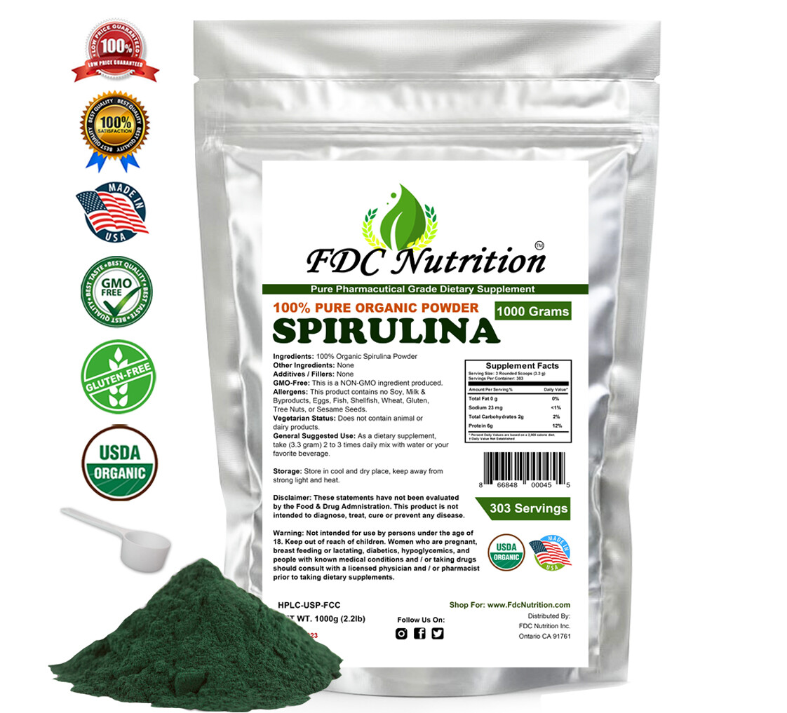 100% Pure Spirulina Powder 1000 g (2.2LB) GMO-Free, Kosher, Non-Irradiated