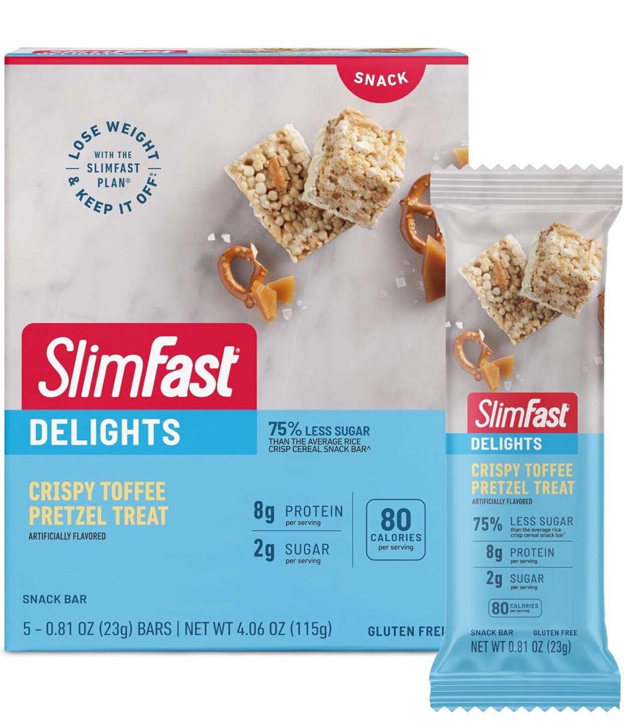 *4 Boxes**Slim Fast Delights Crispy Toffee Pretzel Treat Bars~Total 20 ct