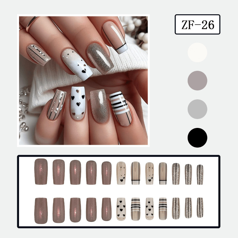 48pcs Medium Square Nude Silver Glitter Stripe Heart Minimalist Press on Nails