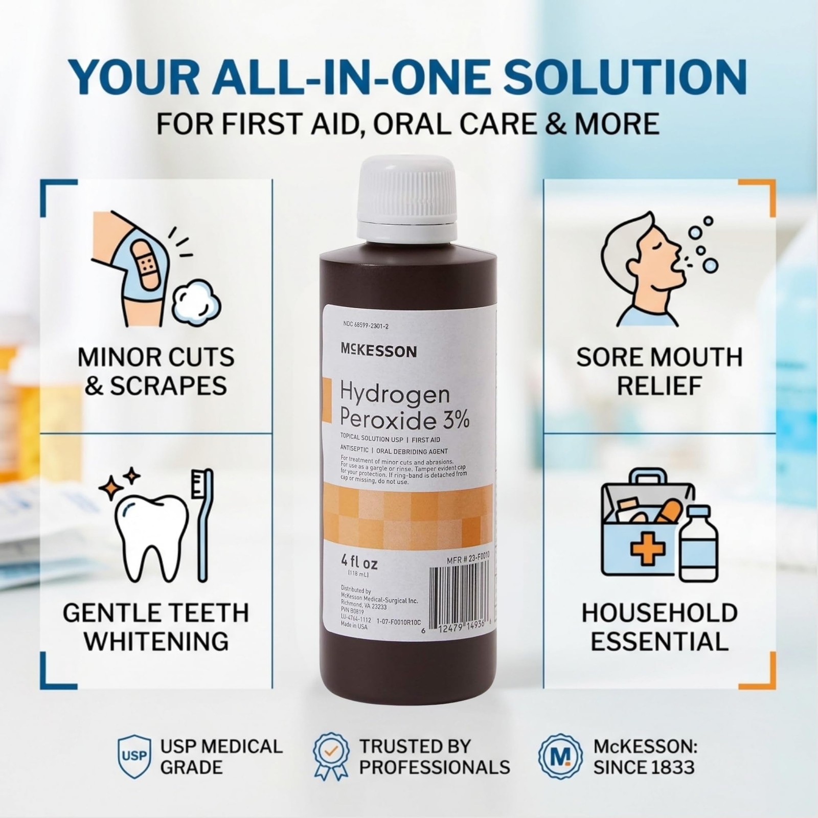 McKesson Hydrogen Peroxide 3%, 4 oz [Pack of 1] Topical 4 Fl Oz (Pack 1)