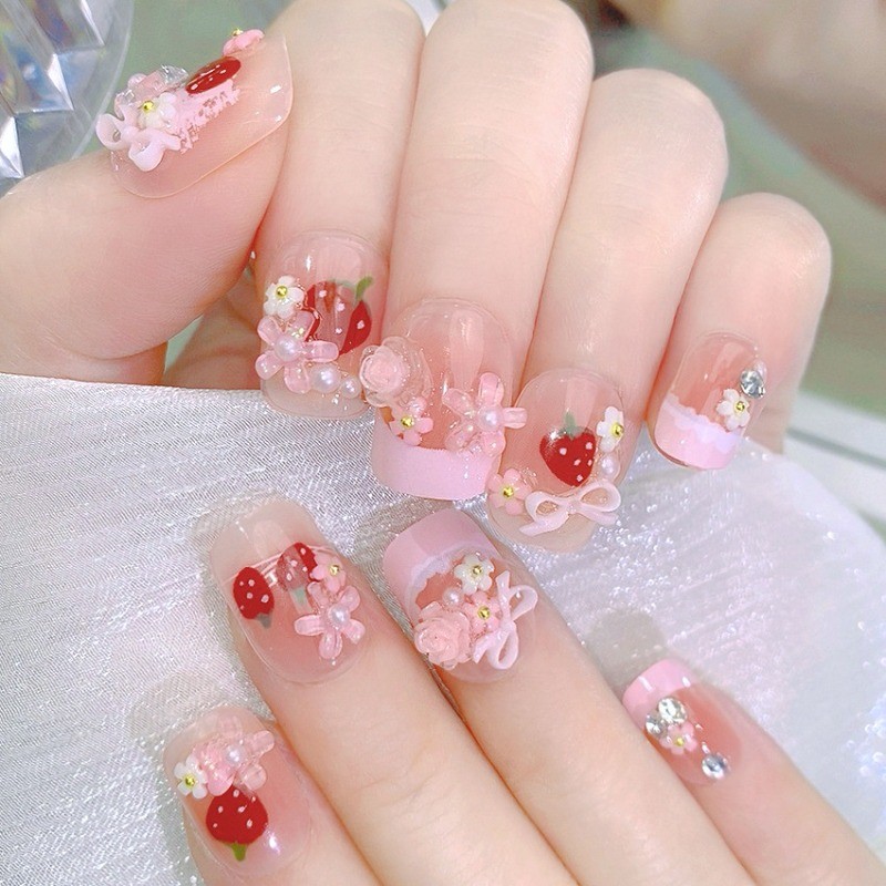 48pcs-Cute Pink Jelly Nails with 3D Strawberry & Floral Charms, Short Square