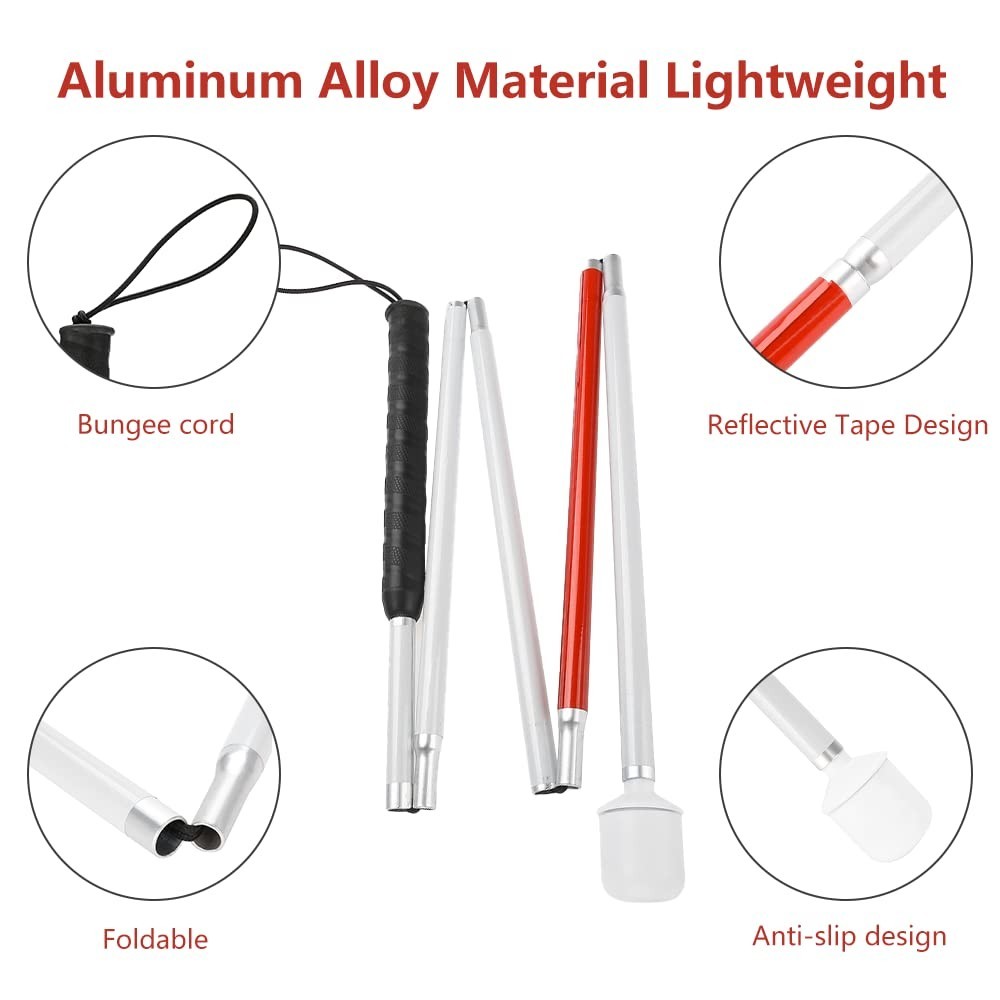 Collapsible Folding Cane with Red Reflective Tape, Anti-Slip Walking Stick for B
