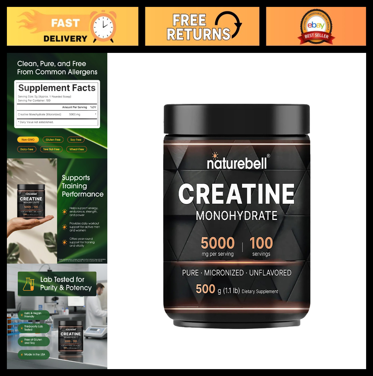 Micronized Creatine Monohydrate Powder 500g – 5000mg Unflavored, Vegan, Keto – P