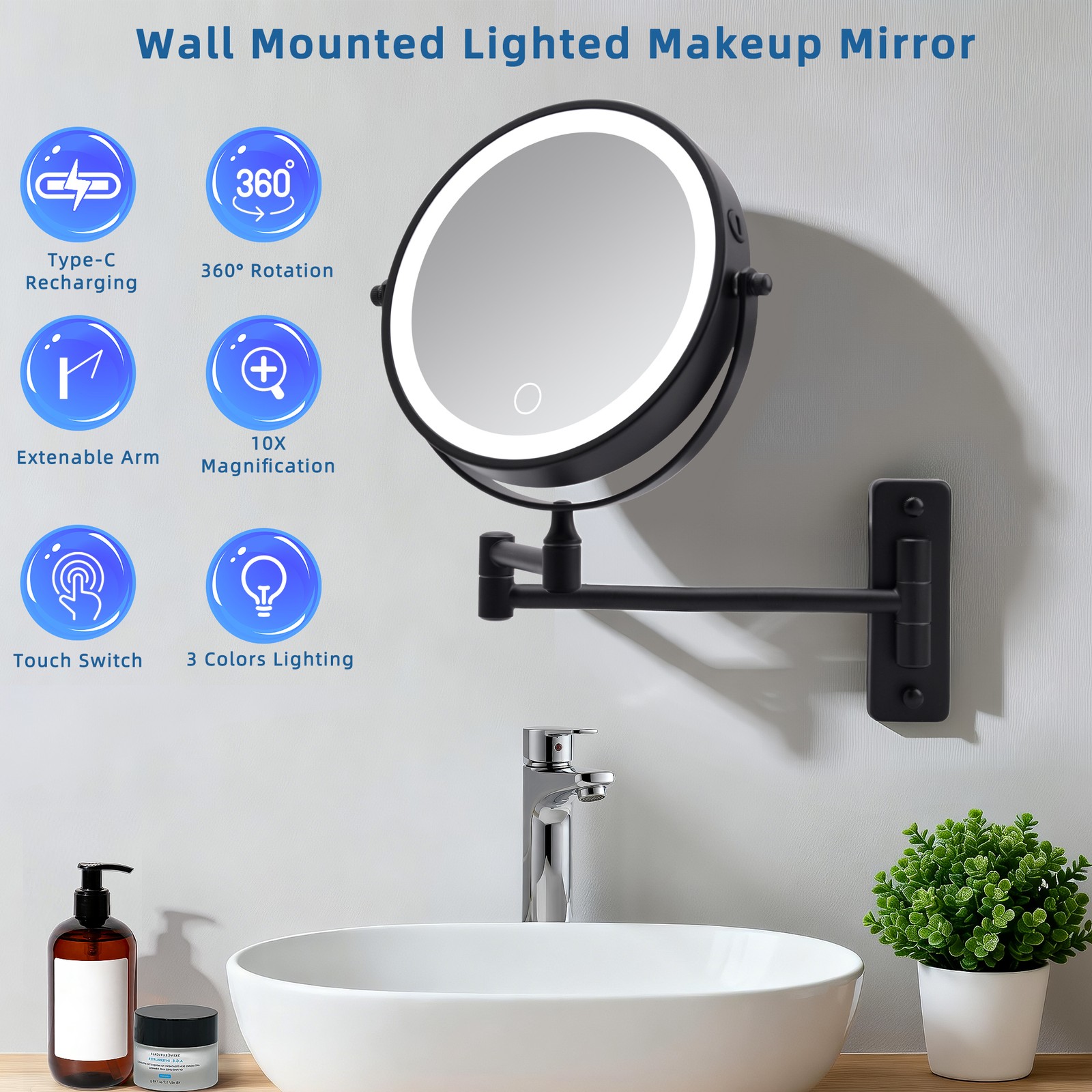 Wall Mounted Lighted Makeup Mirror with 3 Color Lights Touch Dimmable Black