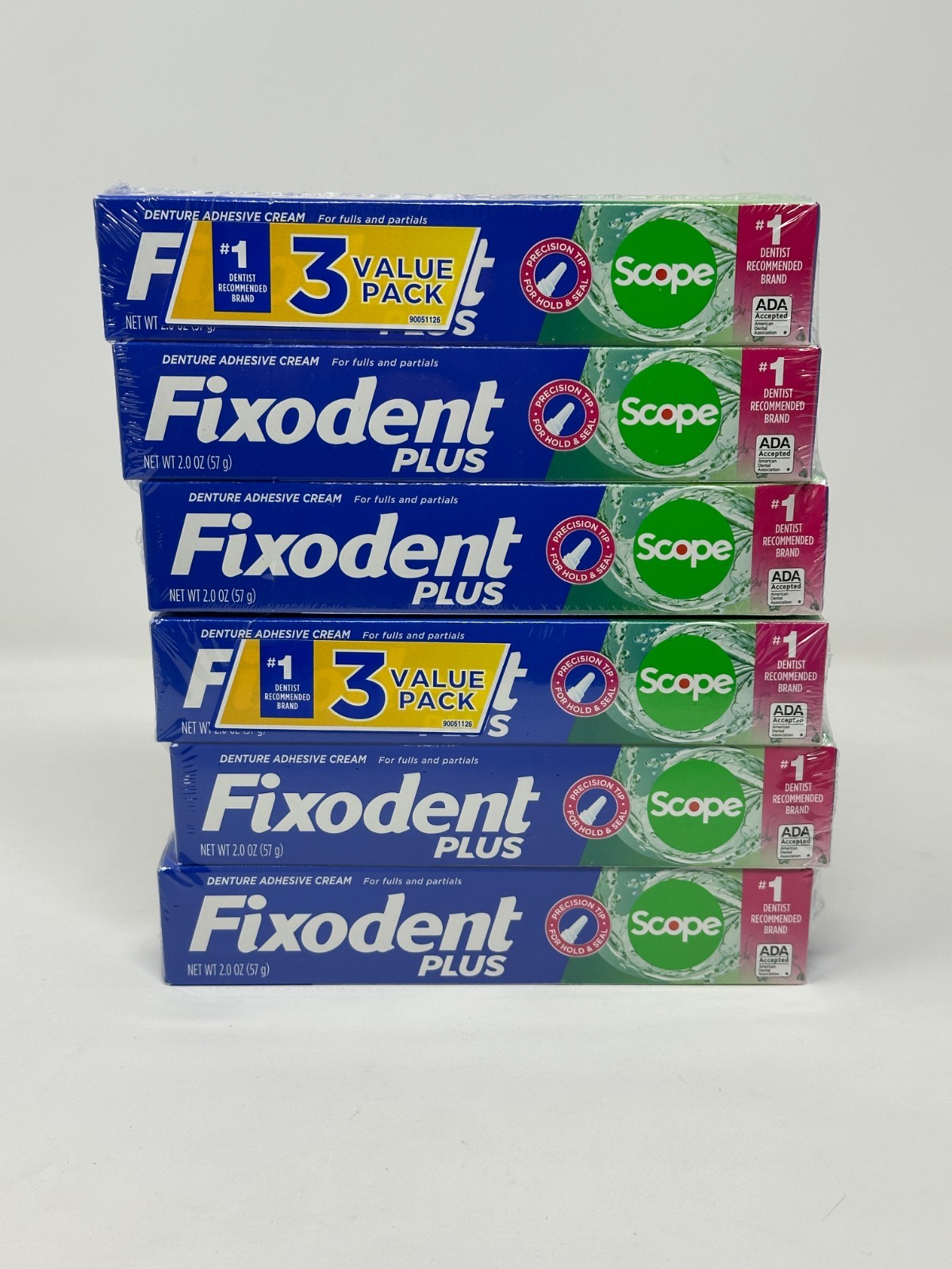 NEW 6-PACK Fixodent Plus Scope Denture Adhesive Cream, Precision Tip, 2.0 oz ea