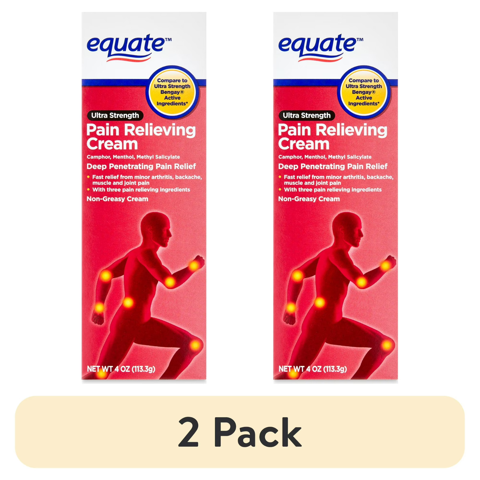 (2 Pack) Equate Ultra Strength Pain Relieving Cream 4oz Compare Bengay 8oz Total