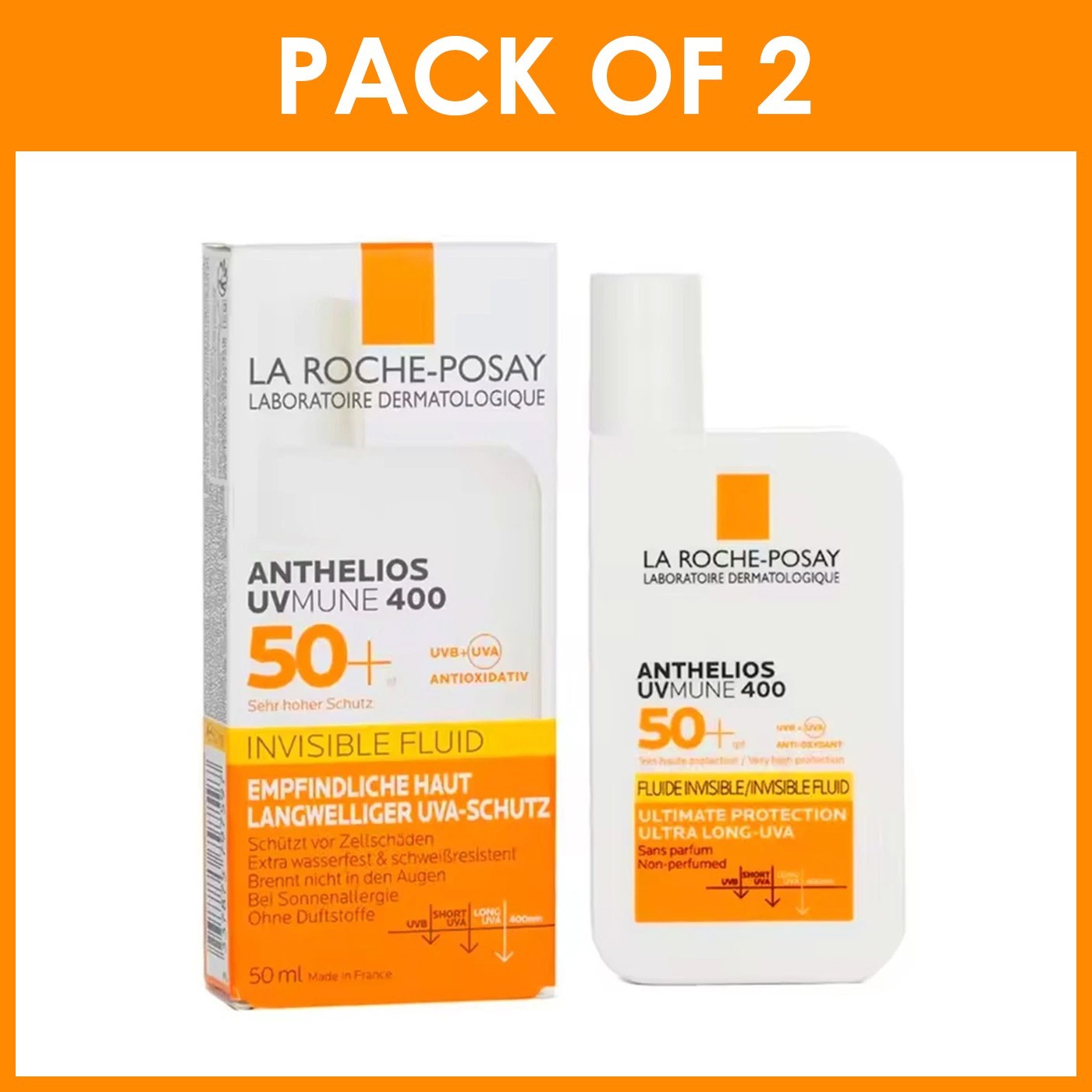 Pack of 2 – La Roche Posay ANTHELIOS UVmune 400 Invisible SPF50+ 50ml – New