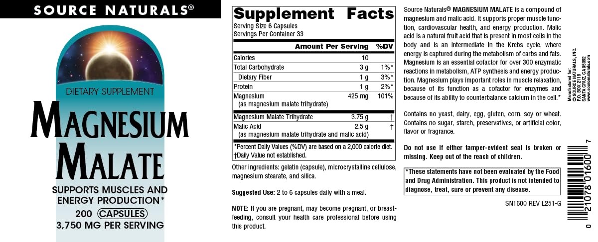 Magnesium Malate, Supports Muscles and 200 Count (Pack of 1)