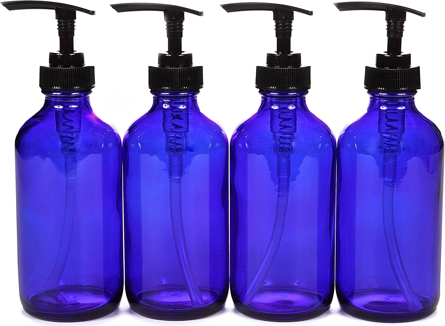 , 4, Large, 8 Oz, Empty, Cobalt Blue Glass Bottles with Black Lotion Pumps