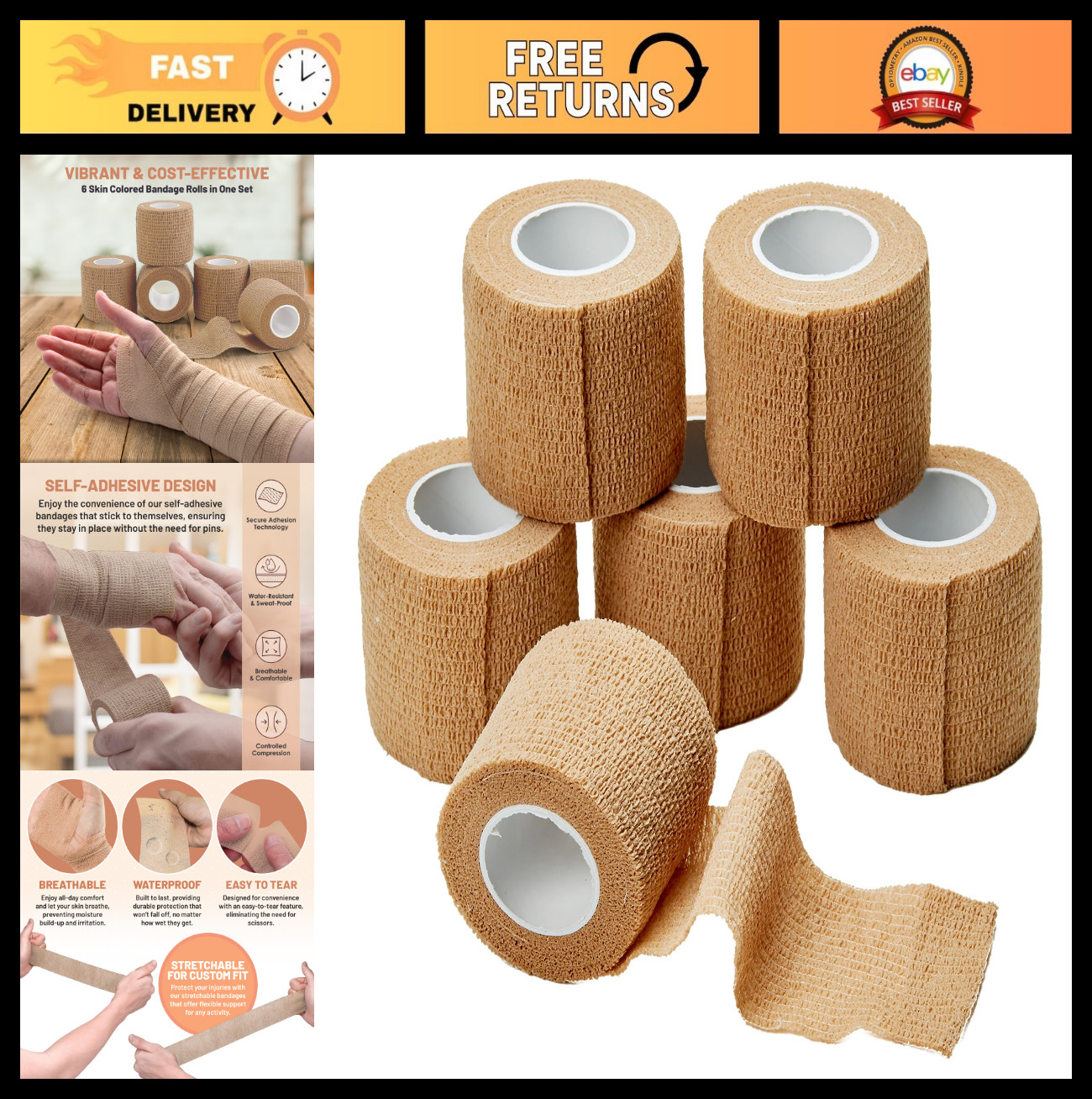 Self-Adhesive Cohesive Wrap Bandages 2″ x 5 Yards – 6 Pack, Skin Tone, Medical S