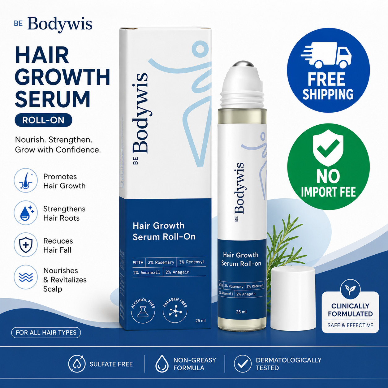 25ml Be Bodywise Hair Growth Serum Roll On – 3% Rosemary, 3% Redensyl & 2%