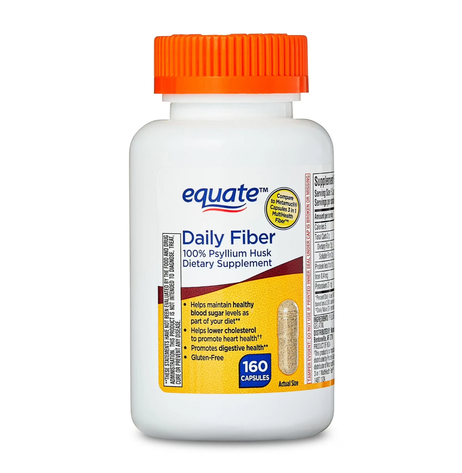 Equate Daily Fiber Multi-Benefit Psyllium Gluten-Free Capsules 160 Ct