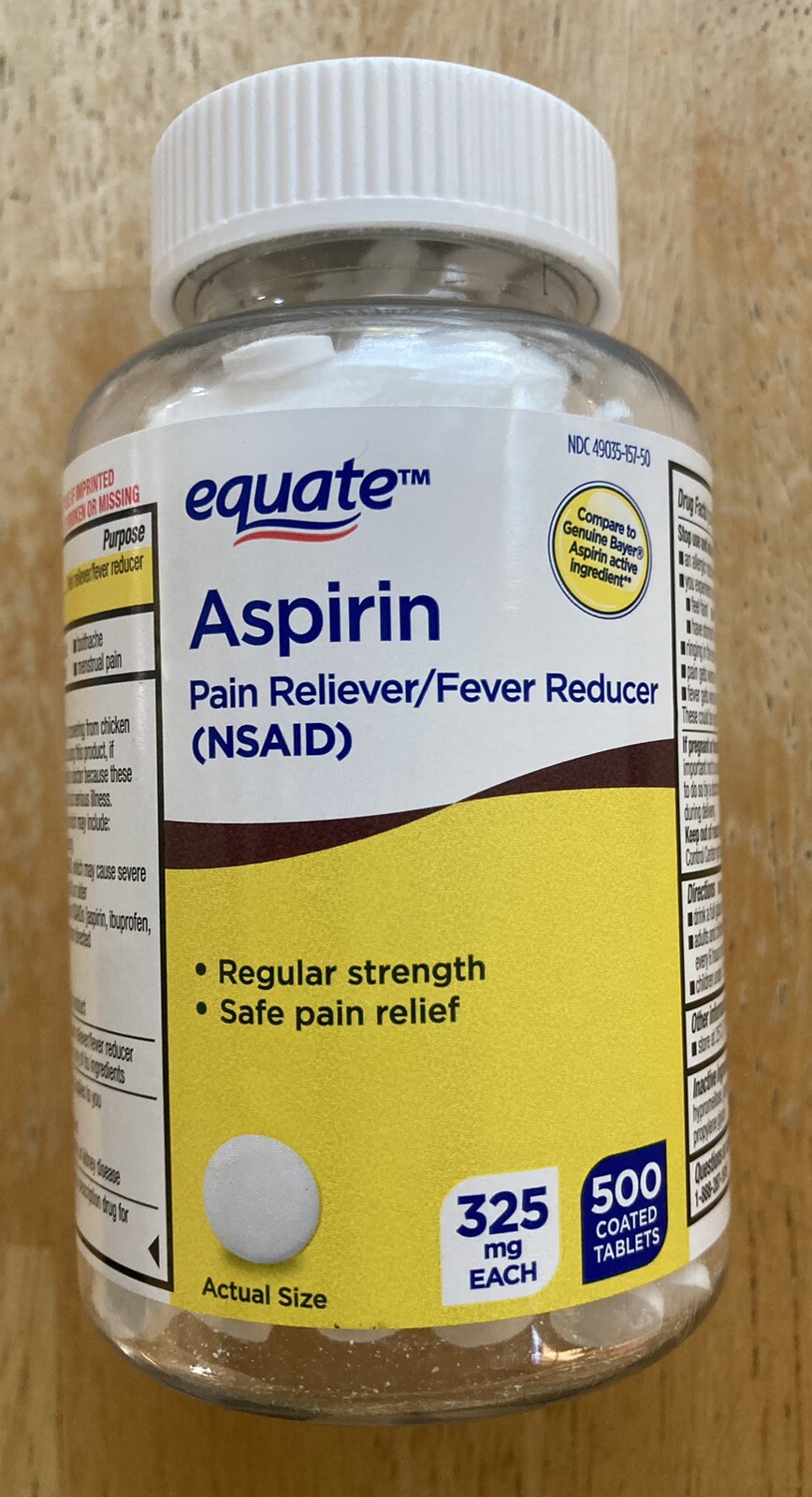 Aspirin, 500 Coated Tablets, 325 mg ea. Equate(Walmart) Brand **Bayer Compare