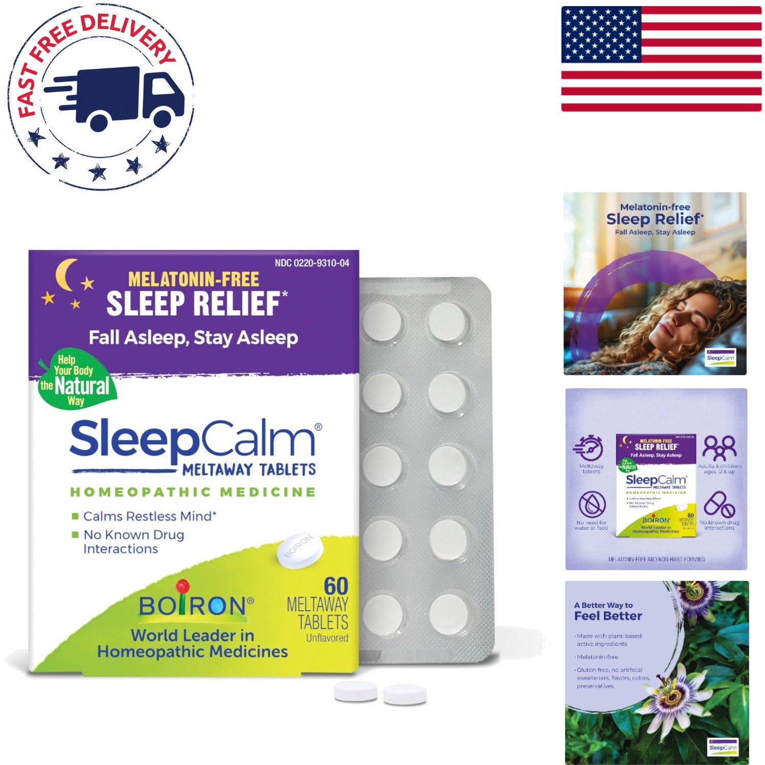 Natural SleepCalm Aid – Plant-Based, Non Habit-Forming – 60 Meltaway Tablets