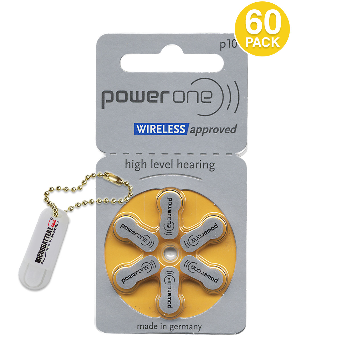 60 Power One size 10 Hearing Aid Batteries + Free Keychain/2 Extra Batteries