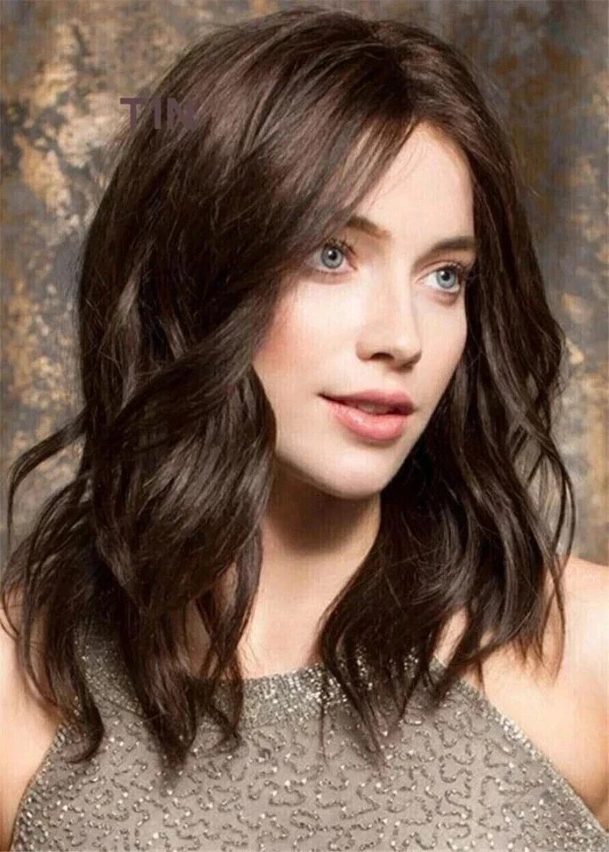 100% Human Hair New Fashion Gorgeous Women’s Medium Dark Brown Wavy Wigs 16 Inch