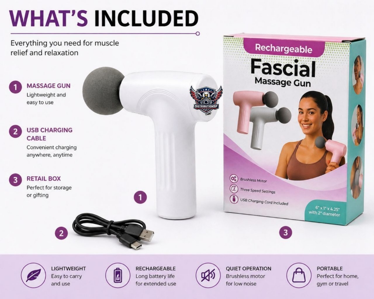 3-Speed Rechargeable Massage Gun Lightweight Handheld Muscle Massager USB Portab