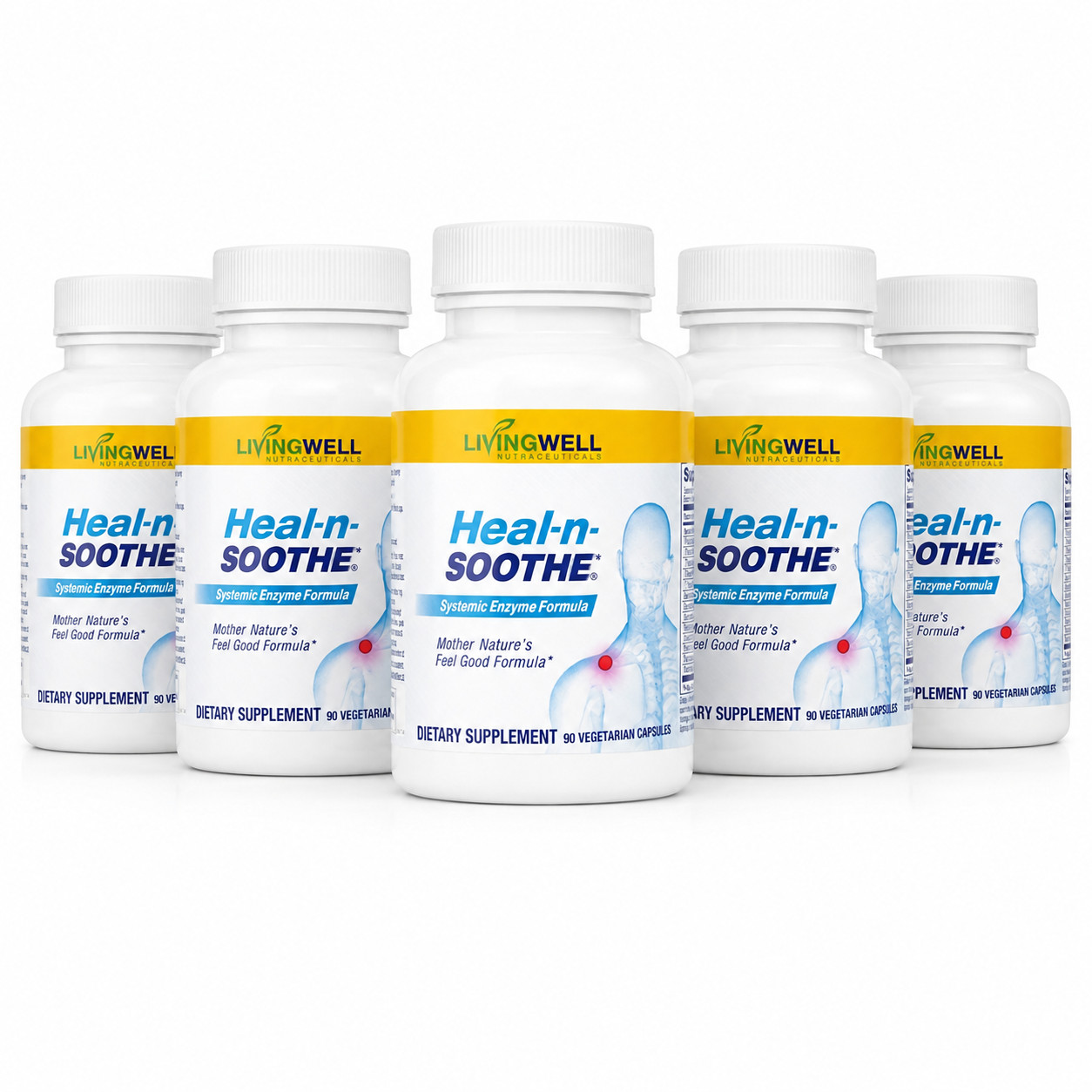 LivingWell Heal-n-Soothe Enzyme Formula 90 Capsules Joint Support 5 Pack