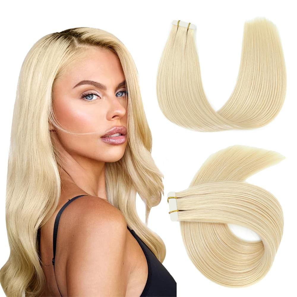 20 Inch #613 Blonde Tape in Extensions Human Hair 613 Straight Tape ins Hair …