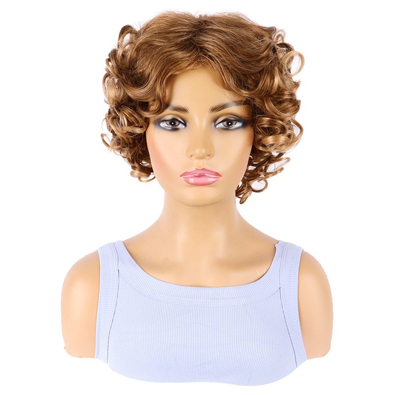 Mix Golden Short Curly Tight Curls Synthetic Full Wig for Women European