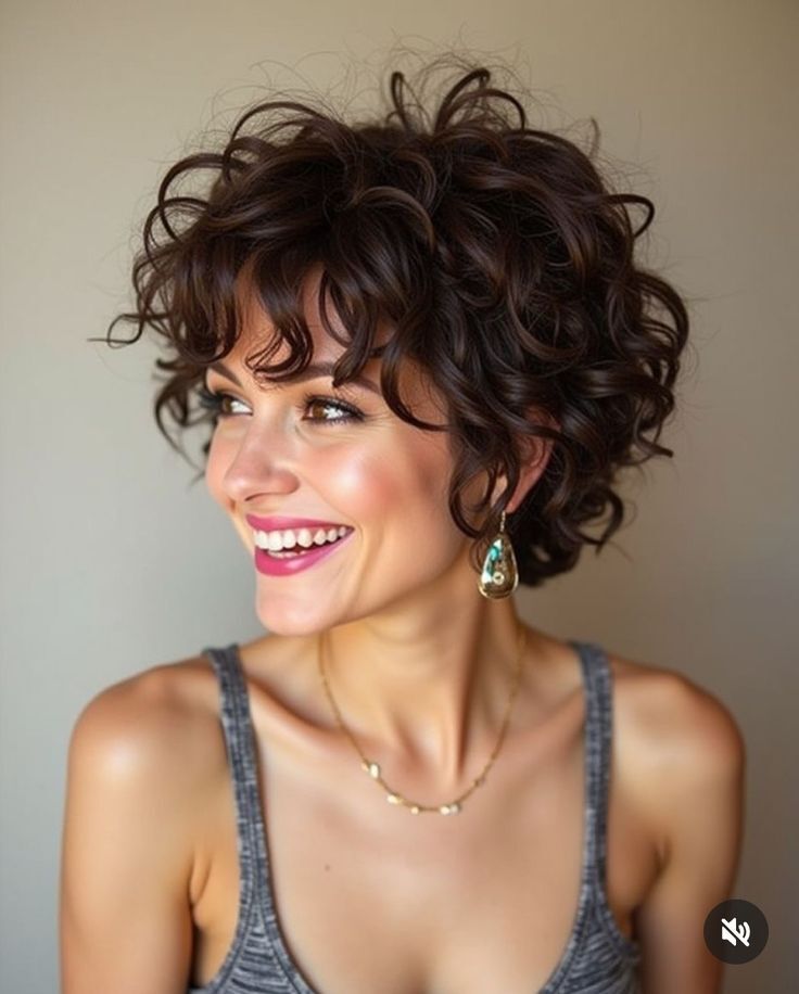 100% Human Hair Short Pixie Cut Dark Brown Curly Wig with Bangs None Lace Wigs