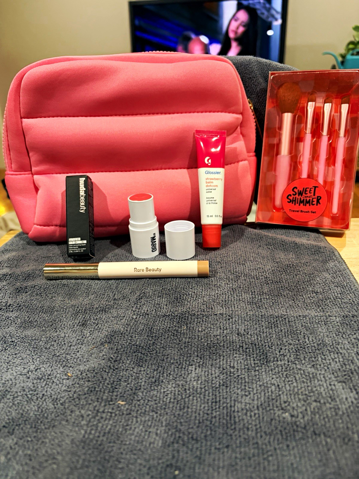 Huda Beauty #FauxFilter Corrector + Glossier Balm Dotcom + Rare Beauty, Travel