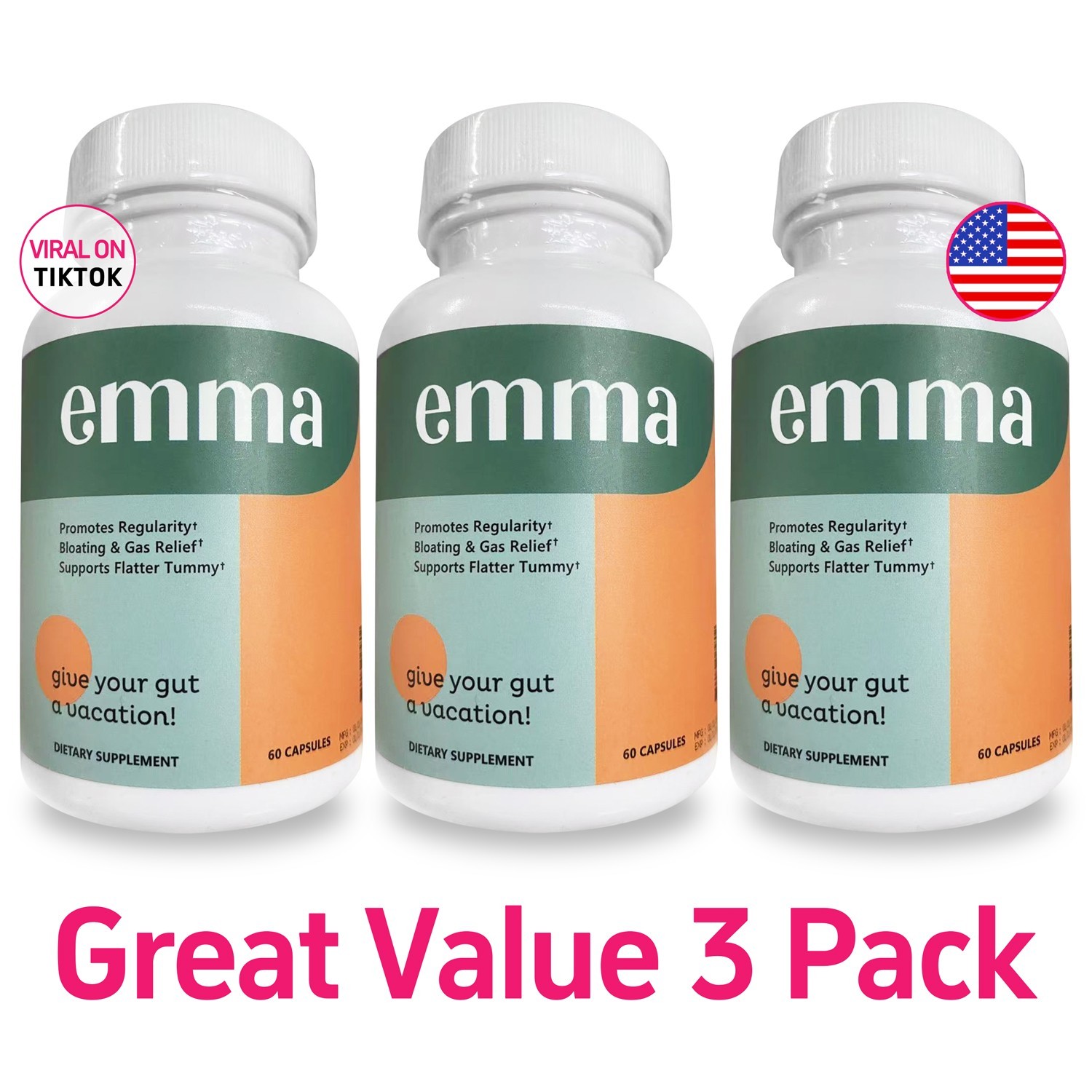 3 Set Emma Gut Health Supplement 180 Capsules for Bloating Relief & Leaky Gut