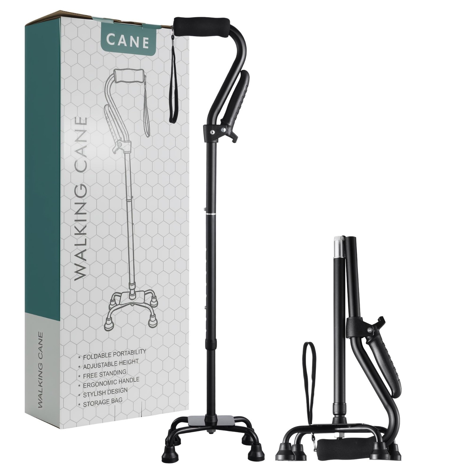 Adjustable Foldable Quad Cane for Seniors – Stand Assist Walking Stick with 4-Pr
