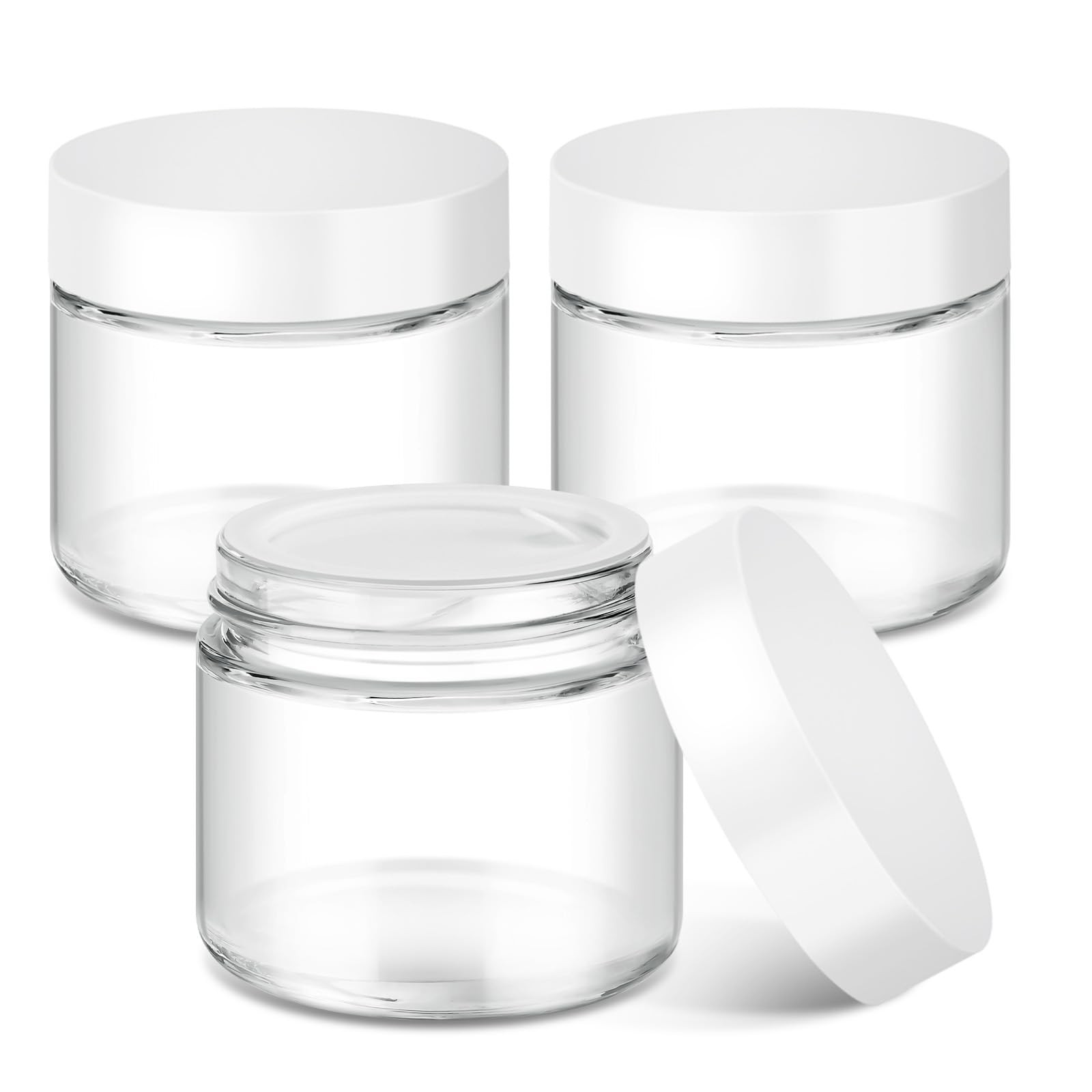 2 oz Glass Jars with Lids, 3 pack Clear Small Jar with White Lids, Blank Lab..