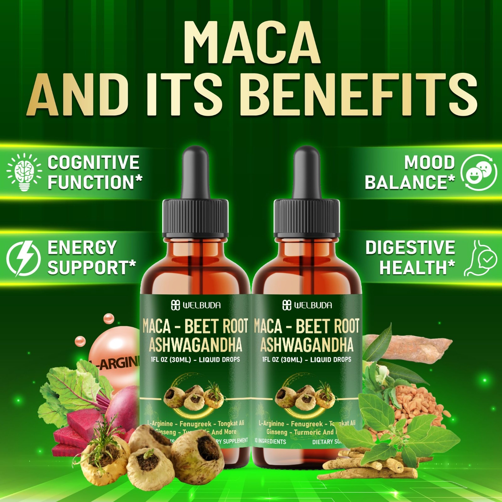 10-in-1 Maca Root Liquid Drops with Ashwagandha, Fenugreek & L-Arginine – Energy