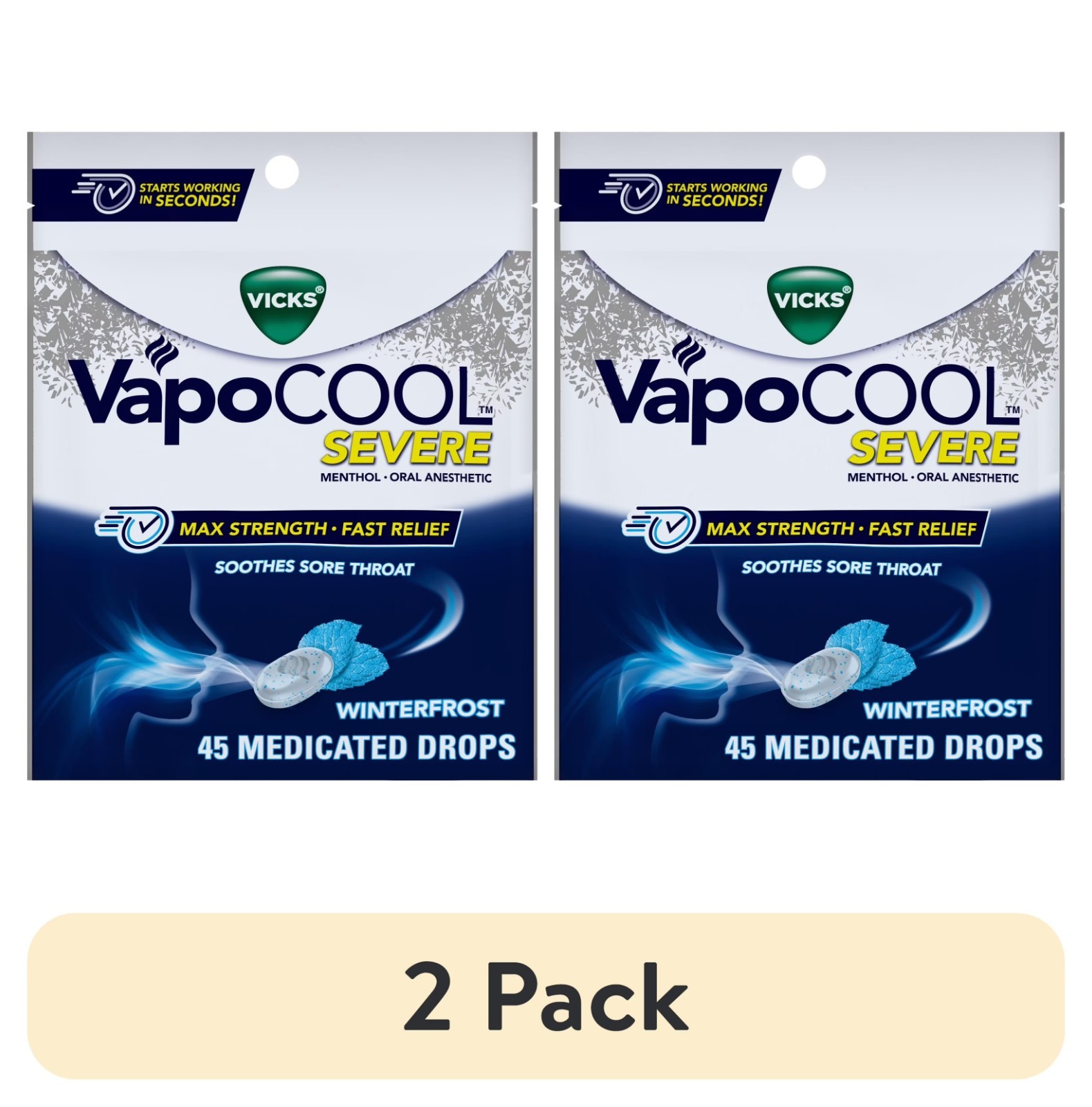 2 pack-NEW Vicks VapoCool Severe Sore Throat Drops, Max Menthol Winterfrost 45ct