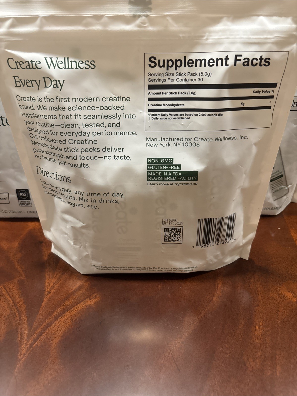 Create Creatine Monohydrate Powder Unflavored 30ct On-The-Go Stick 10/28 E BULK