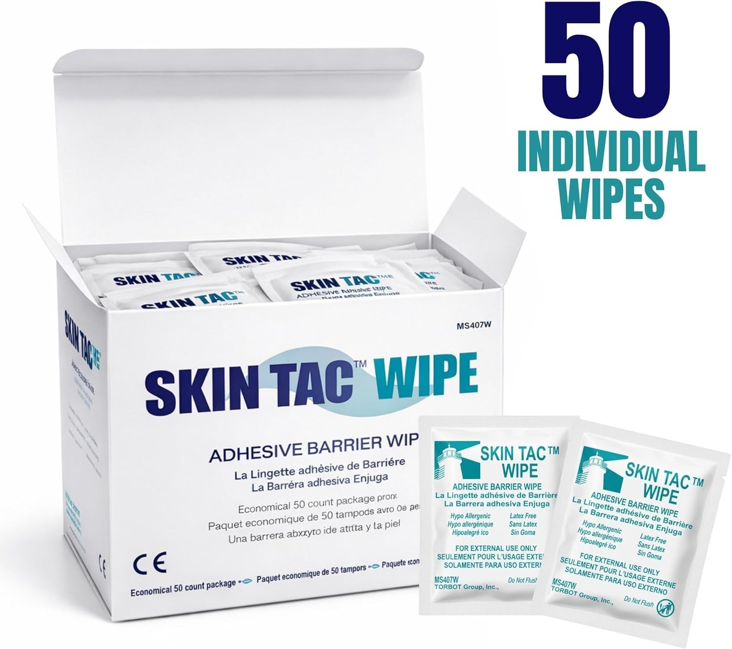 Skin-Tac 50 Count Clear Adhesive Wipes, Hypoallergenic & Safe for Sensitive Skin