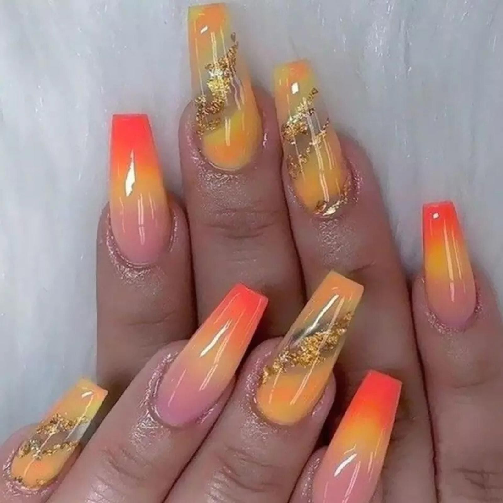 24 Orange pink Sunset Press on nails kit glue clear gold flake strong extra long