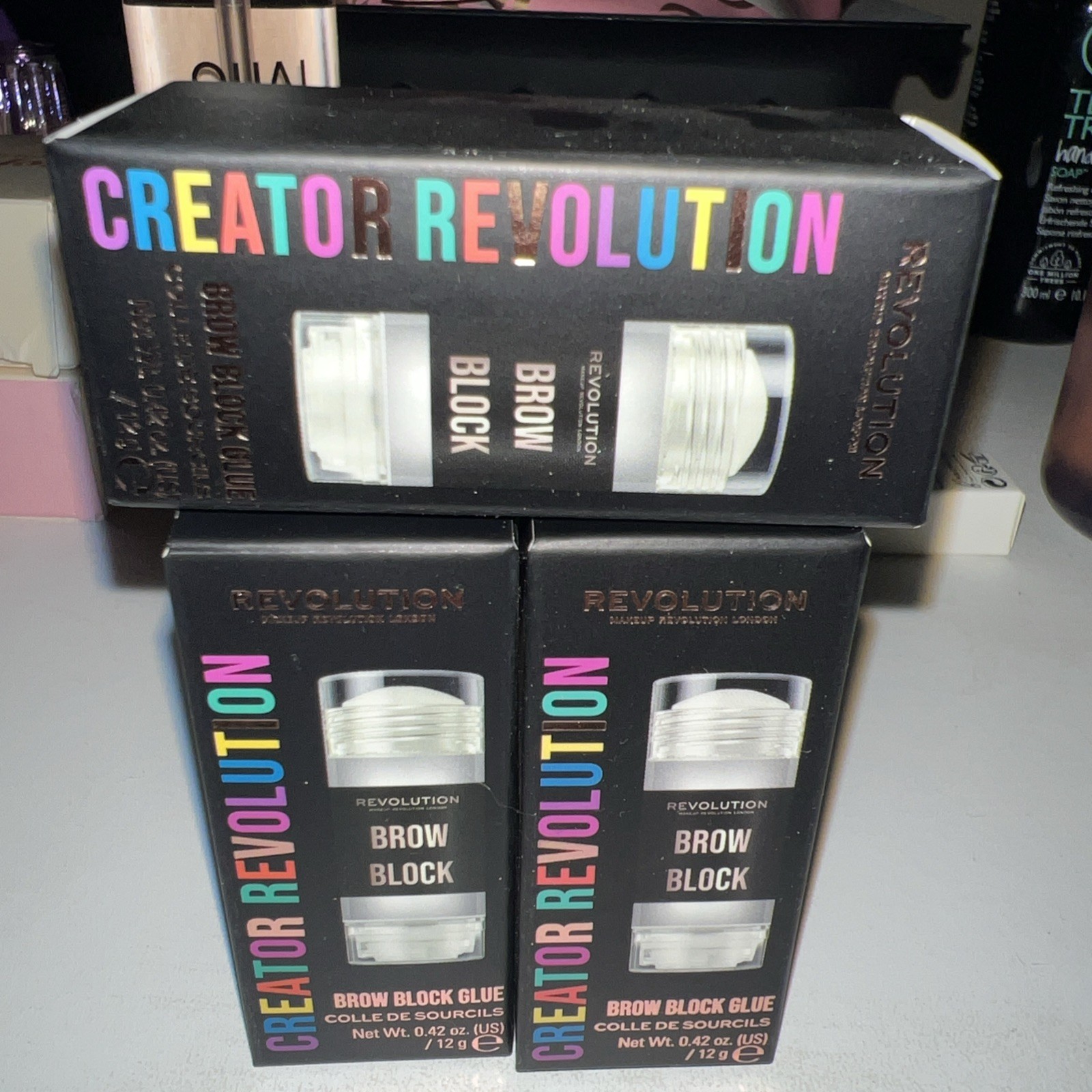 Lot of 3 Revolution Creator Revolution Brow Block Glue 0.42 oz. New in Box