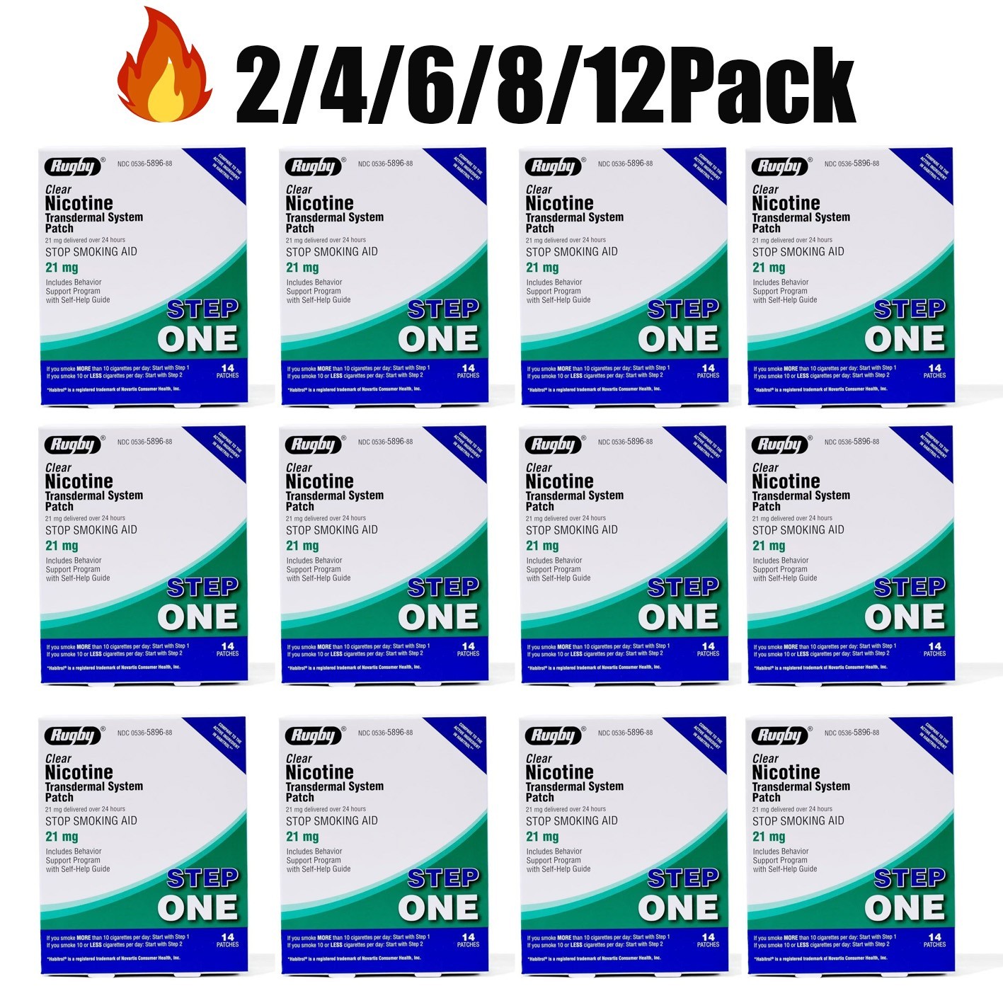 2/12 Packs Rugby Clear Nicotine 21mg Transdermal System Patch Step Exp 06/2028