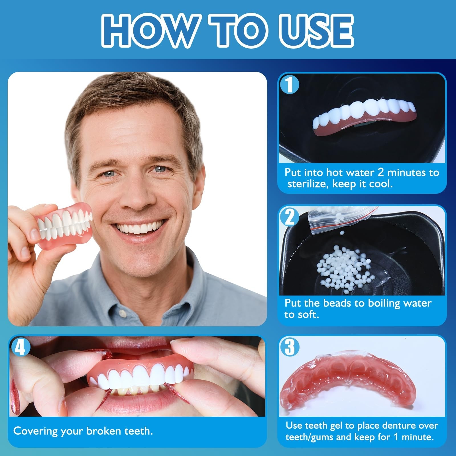 Moldable False Teeth – DIY Silicone Dentures Set for Upper & Lower, Temporary Sm