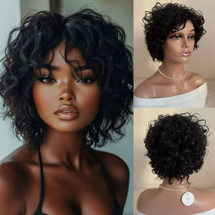 New Fashion Women’s Short Bob Curly Wig with Bangs Hair Wigs None Lace Wigs