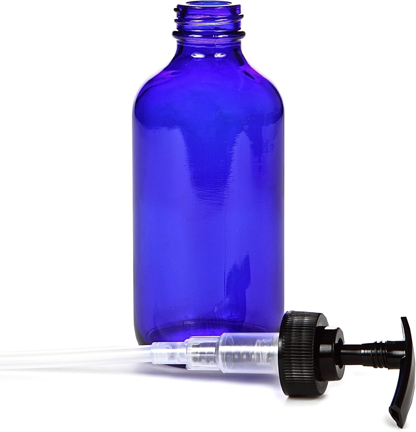 , 4, Large, 8 Oz, Empty, Cobalt Blue Glass Bottles with Black Lotion Pumps