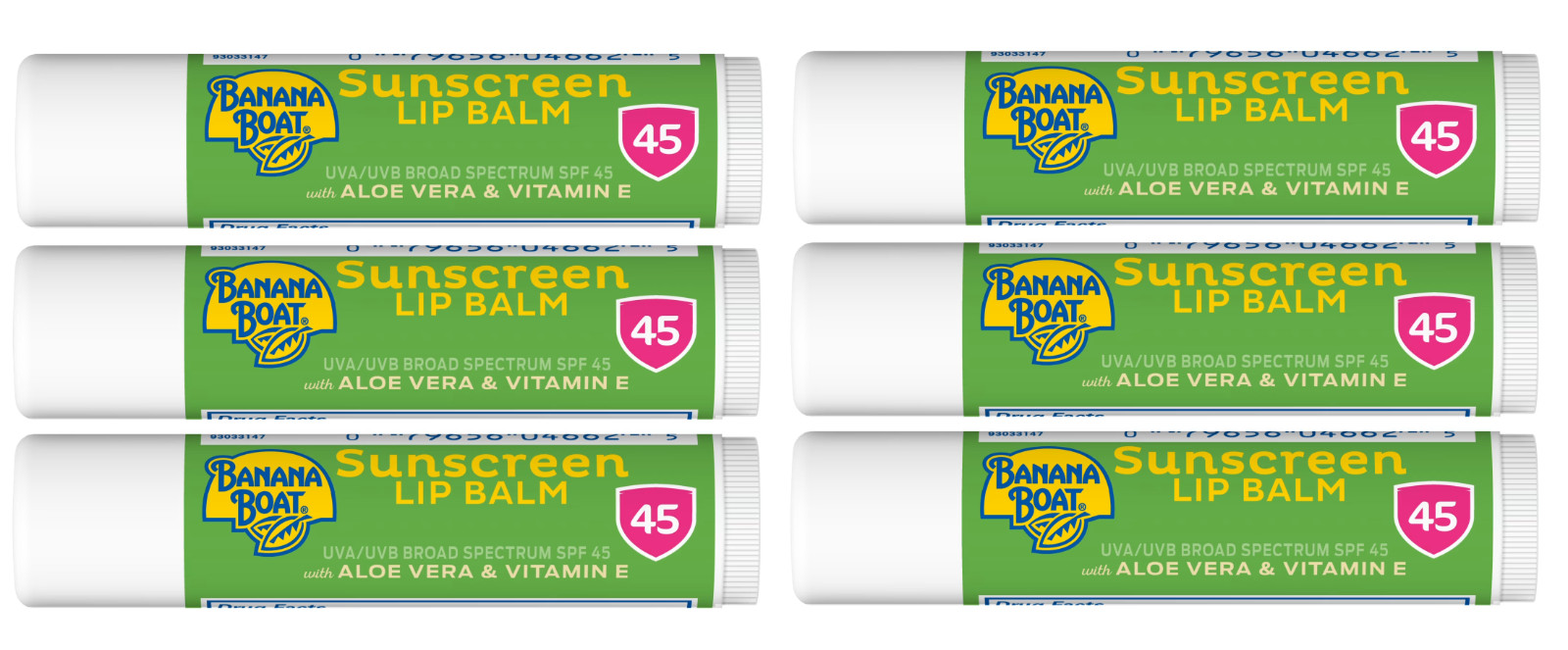 6 Tubes Banana Boat Aloe Vera With Vitamin E Sunscreen Lip Balm Spf 45 .15Oz Ea