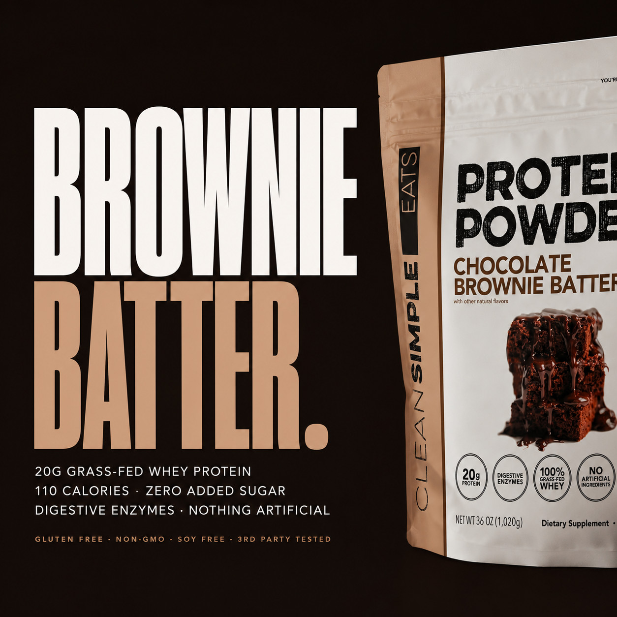 Clean Simple Eats Chocolate Brownie Batter Protein Powder 36oz Grass Fed 30 Serv