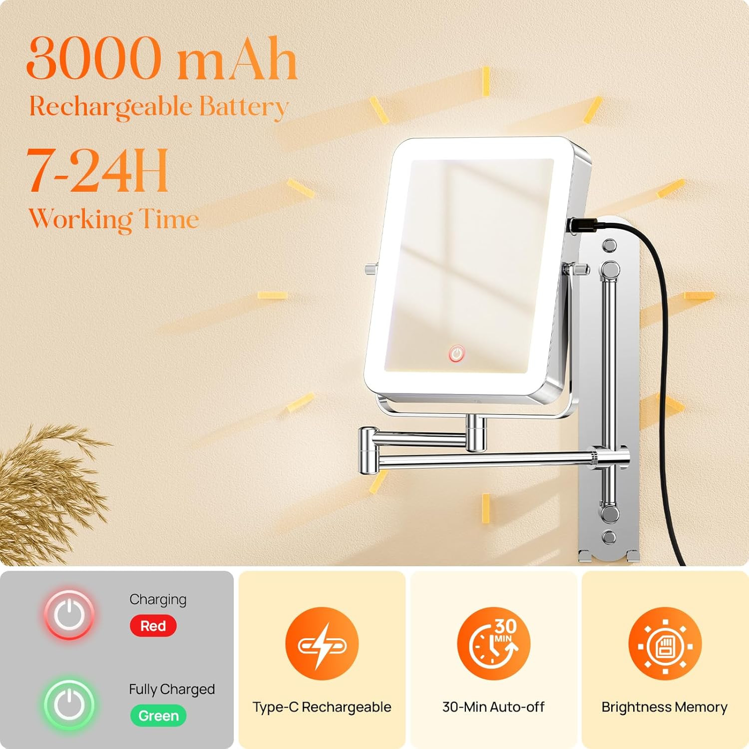 Height Adjustable Wall Mounted Lighted Makeup Mirror with Hooks 3000Mah Recharg